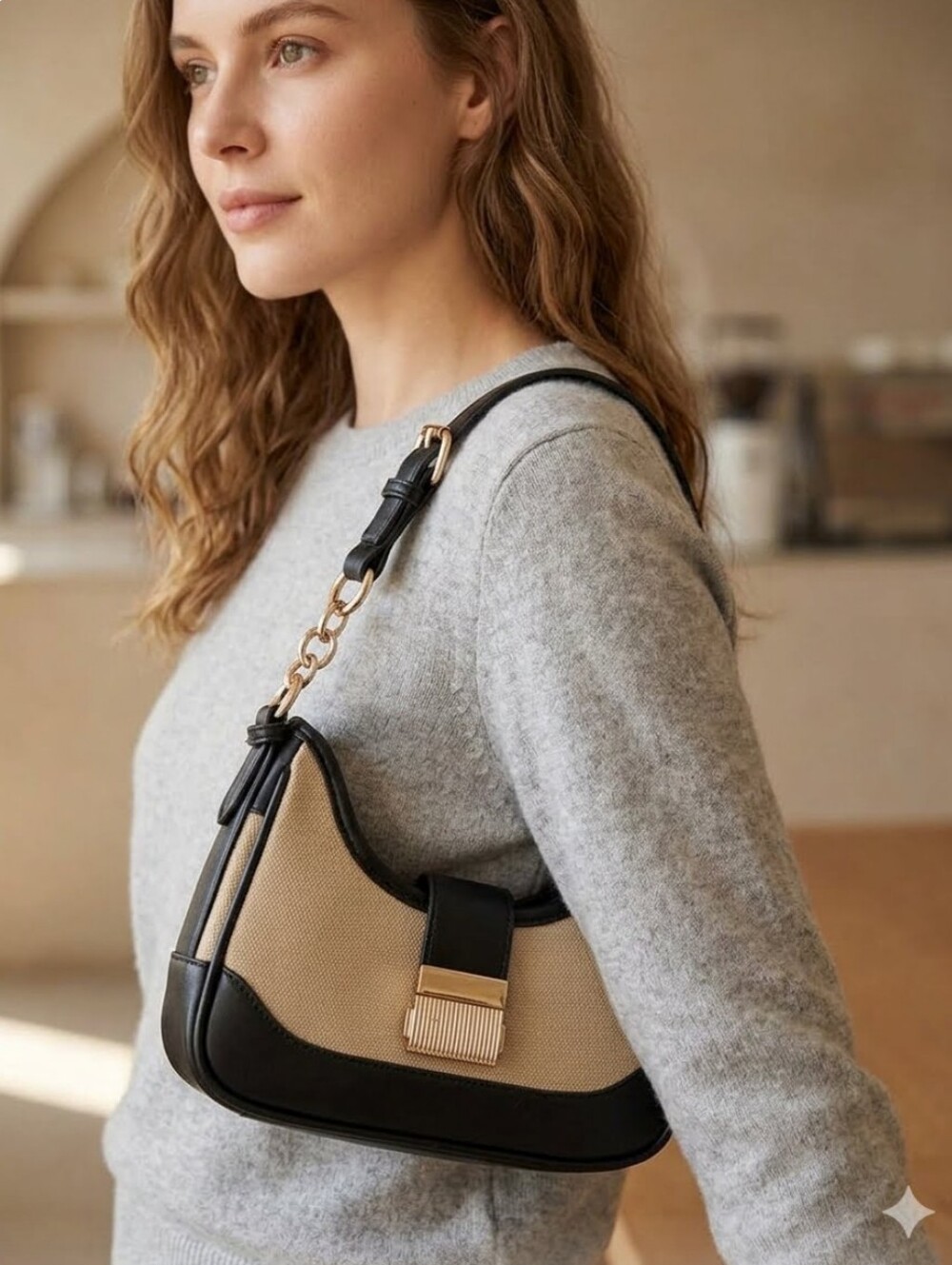 Rachel Zoe Black and Beige Mini Hobo Bag with Gold Chain Accent